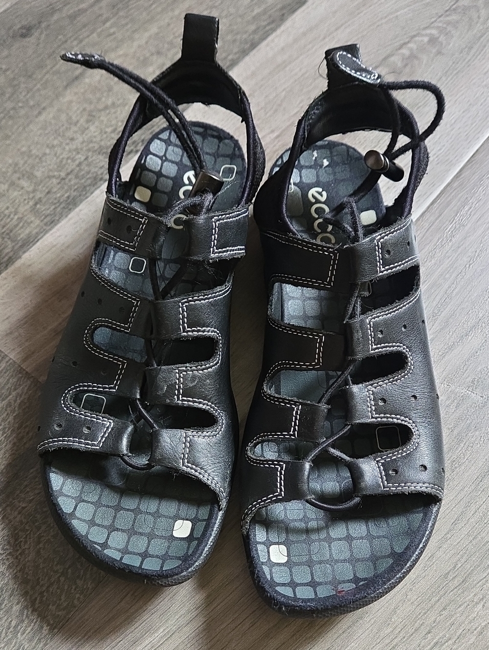 ECCO Black Sporty Lace-Up Slingback Comfort Sandals Leather Outdoor Walking - Picture 3 of 14
